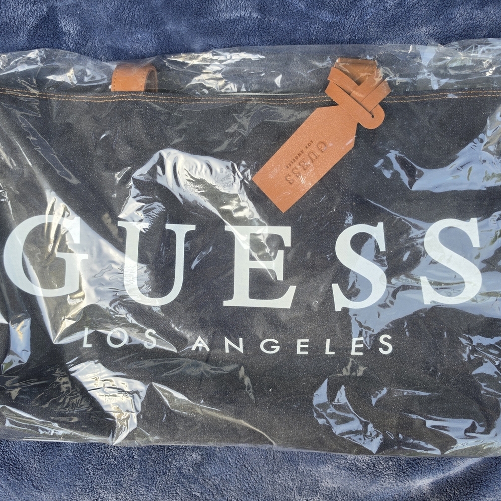 GUESS Dark Blue Canvas Tote with Tan Leather Handles